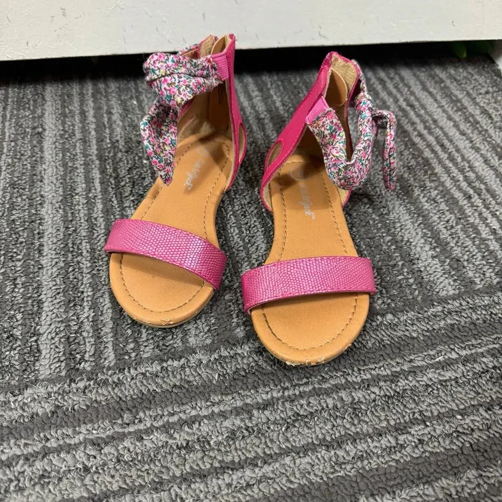 Cat & Jack Girls Pink Floral Bow Ankle Strap Sandals Back Zip Size 8